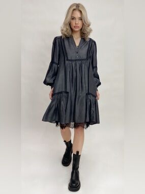 Gold Hawk Tencel Black Tiered V-Neck Mini Dress